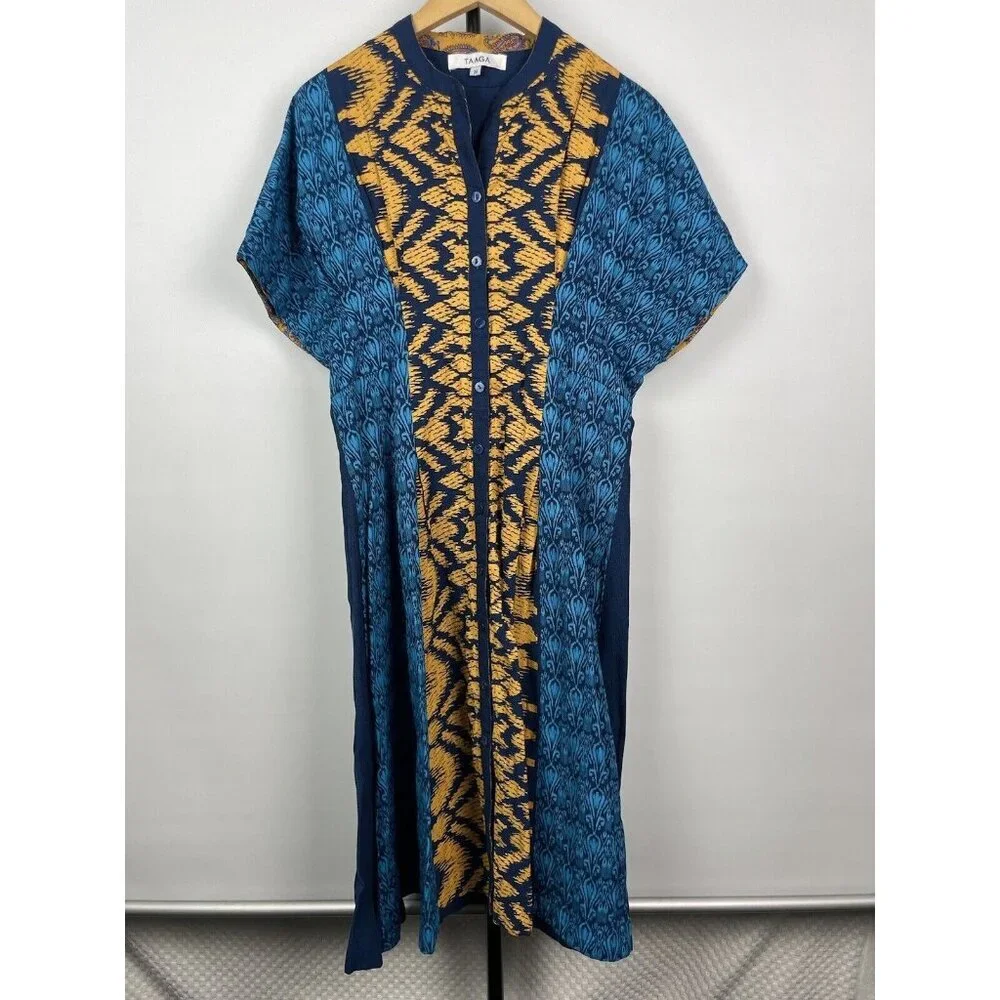 Taaga Blue Yellow Abstract Print Short Sleeve Midi Button Up Kaften Dress Size M